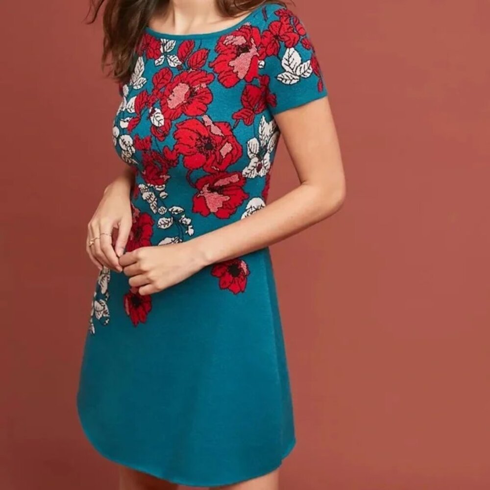 Anthropologie Maeve Allison Teal Floral Knit Sweater Dress Sz Small EUC Holiday - Picture 2 of 8
